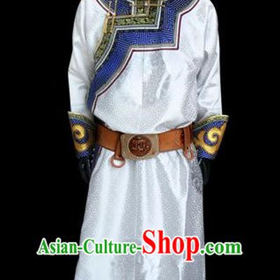 Traditional Chinese Mongol Nationality Dance Costume White Mongolian Robe, Chinese Mongolian Minority Nationality Royal Highness Clothing for Men