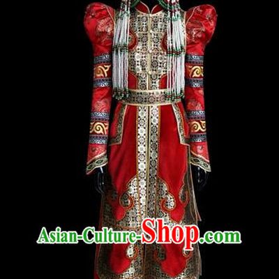 Traditional Chinese Mongol Nationality Dance Costume Female Red Pleated Dress, Chinese Mongolian Minority Nationality Princess Embroidery Wedding Clothing for Women