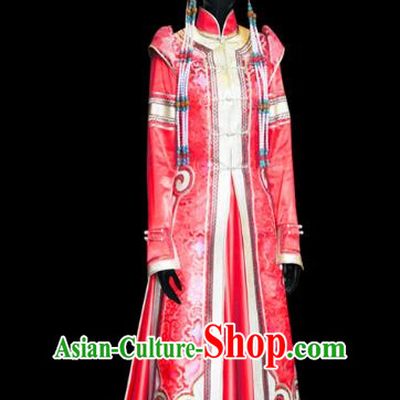 Traditional Chinese Mongol Nationality Wedding Costume Female Red Pleated Skirt, Chinese Mongolian Minority Nationality Princess Embroidery Costume for Women