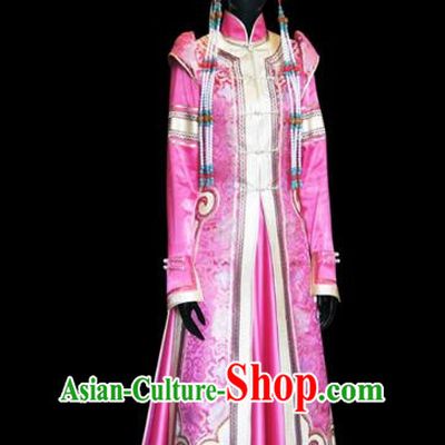 Traditional Chinese Mongol Nationality Wedding Costume Female Pink Pleated Skirt, Chinese Mongolian Minority Nationality Princess Embroidery Costume for Women
