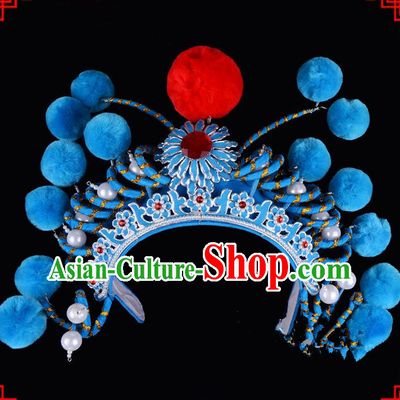 Traditional Beijing Opera Swordplay Hair Accessories Hat, Ancient Chinese Peking Opera Young Lady Blues Headwear