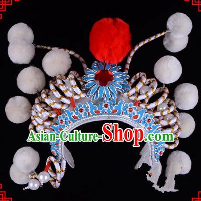 Traditional Beijing Opera Swordplay Hair Accessories Hat, Ancient Chinese Peking Opera Young Lady Blues Headwear