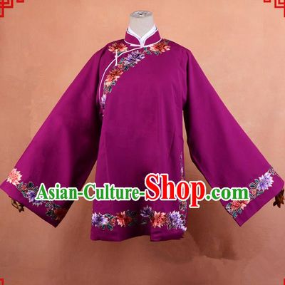 Top Grade Professional Beijing Old Women Costume Pantaloon Embroidered Purple Blouse, Traditional Ancient Chinese Peking Opera Matchmakers Embroidery Clothing