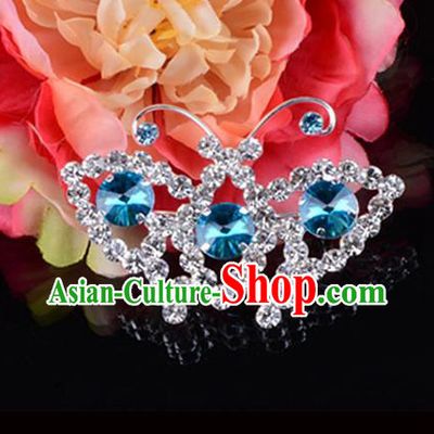 Traditional Beijing Opera Diva Jewelry Accessories Blue Crystal Brooch, Ancient Chinese Peking Opera Hua Tan Breastpin