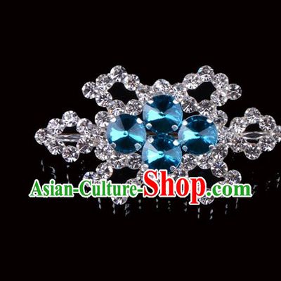 Traditional Beijing Opera Diva Jewelry Accessories Blue Crystal Brooch, Ancient Chinese Peking Opera Hua Tan Breastpin