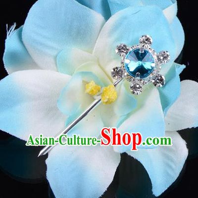 Traditional Beijing Opera Diva Hair Accessories Blue Crystal Hair Stick, Ancient Chinese Peking Opera Hua Tan Hairpins