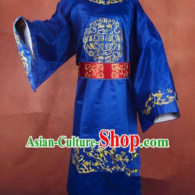 Top Grade Professional Beijing Opera Taoist Priest Costume Blue Embroidered Robe, Traditional Ancient Chinese Peking Opera Embroidery Gwanbok Clothing