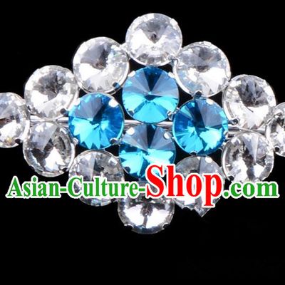 Traditional Beijing Opera Young Lady Jewelry Accessories Diva Blue Crystal Brooch, Ancient Chinese Peking Opera Hua Tan Breastpin