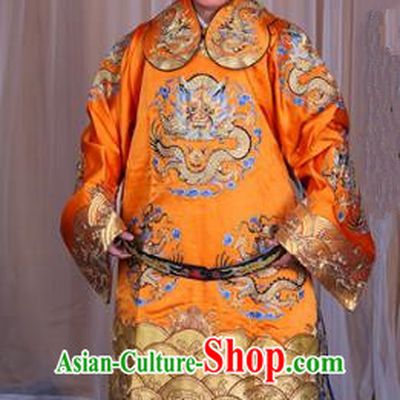 Top Grade Professional Beijing Opera Emperor Costume Yellow Embroidered Robe Gwanbok, Traditional Ancient Chinese Peking Opera Royal Highness Embroidery Dragons Clothing