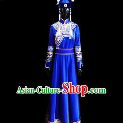 Traditional Chinese Mongol Nationality Dance Costume Female Dress, Chinese Mongolian Minority Nationality Princess Blue Mongolian Robe Embroidery Clothing for Women
