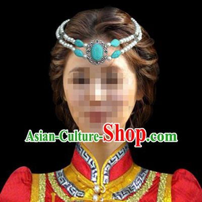 Traditional Chinese Mongol Nationality Hair Accessories Mongols Princess Blue Turquoise Headband, Chinese Mongolian Minority Nationality Headwear for Women
