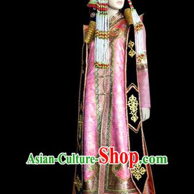Traditional Chinese Mongol Nationality Dance Costume Female Pink Mongolian Robe, Chinese Mongolian Minority Nationality Princess Embroidery Costume for Women