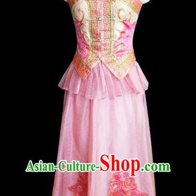 Traditional Chinese Mongol Nationality Dance Costume Palace Lady Pink Mongolian Robe, Chinese Mongolian Minority Nationality Princess Embroidery Wedding Costume for Women
