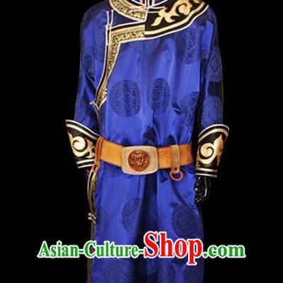 Traditional Chinese Mongol Nationality Dance Costume Blue Mongolian Robe, Chinese Mongolian Minority Nationality Royal Highness Embroidery Costume for Men