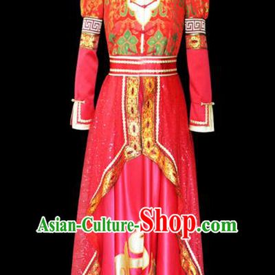Traditional Chinese Mongol Nationality Dance Costume Female Red Pleated Skirt, Chinese Mongolian Minority Nationality Princess Embroidery Wedding Costume for Women