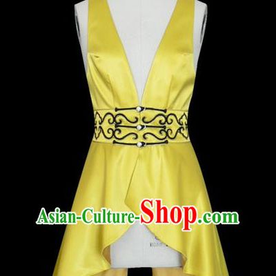 Traditional Chinese Modern Dancing Compere Performance Costume, Opening Classic Chorus Singing Group Dance Yellow Vest for Women