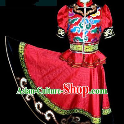 Traditional Chinese Mongol Nationality Dance Costume Female Red Pleated Skirt, Chinese Mongolian Minority Nationality Princess Embroidery Clothing for Women
