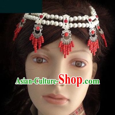 Traditional Chinese Mongol Nationality Bride Hair Accessories Beads Headband, Chinese Mongolian Minority Nationality Headwear for Women