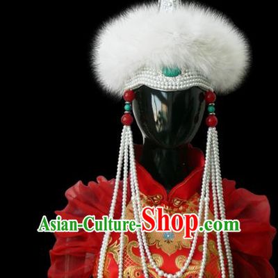 Traditional Chinese Mongol Nationality Princess White Wool Hat, Chinese Mongolian Minority Nationality Beads Tassel Headwear for Women
