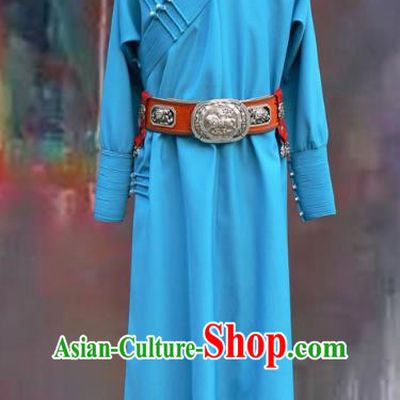 Traditional Chinese Mongol Nationality Dance Costume Blue Mongolian Robe, Chinese Mongolian Minority Nationality Royal Highness Embroidery Costume for Men