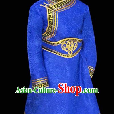 Traditional Chinese Mongol Nationality Costume Blue Mongolian Robe, Chinese Mongolian Minority Nationality Clothing for Men