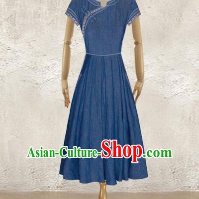 Traditional Chinese National Costume Elegant Hanfu Slant Opening Blue Dress, China Tang Suit Plated Buttons Chirpaur Cheongsam Qipao for Women