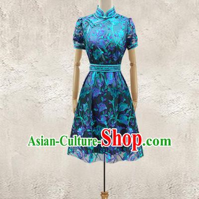 Traditional Chinese National Costume Elegant Hanfu Dress, China Tang Suit Plated Buttons Blue Chirpaur Lace Cheongsam Qipao for Women