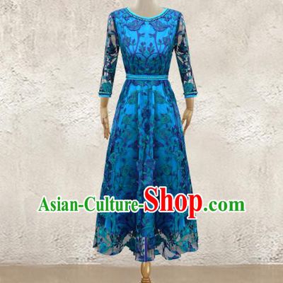 Traditional Chinese National Costume Elegant Hanfu Blue Long Dress, China Tang Suit Plated Buttons Chirpaur Lace Cheongsam Qipao for Women