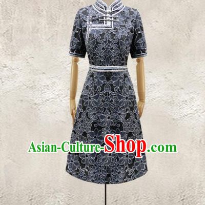 Traditional Chinese National Costume Elegant Hanfu Black Dress, China Tang Suit Plated Buttons Chirpaur Cheongsam Qipao for Women