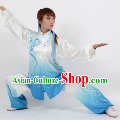 Top Kung Fu Costume Martial Arts Costume Kung Fu Training Blue Uniform, Gongfu Shaolin Wushu Embroidery Phoenix Tai Ji Clothing for Women