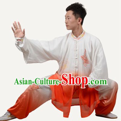Top Kung Fu Costume Martial Arts Costume Kung Fu Training Orange Three-Piece Uniform, Gongfu Shaolin Wushu Embroidery Tai Ji Clothing for Men