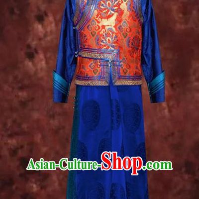 Traditional Chinese Mongol Nationality Dance Costume Mongolian Robe, Chinese Mongolian Minority Nationality Royal Highness Embroidery Costume for Men