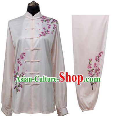 Top Kung Fu Costume Martial Arts Costume Kung Fu Training Light Pink Uniform, Gongfu Shaolin Wushu Embroidery Plum Blossom Tai Ji Clothing for Women