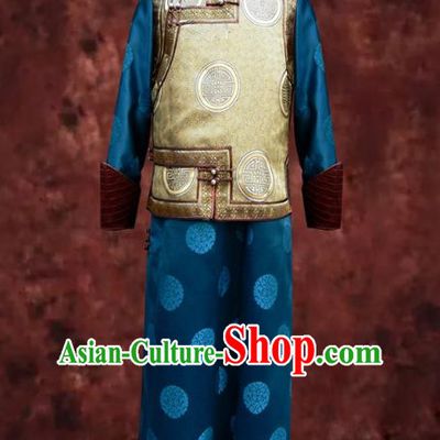 Traditional Chinese Mongol Nationality Dance Costume Blue Mongolian Robe, Chinese Mongolian Minority Nationality Royal Highness Embroidery Costume for Men