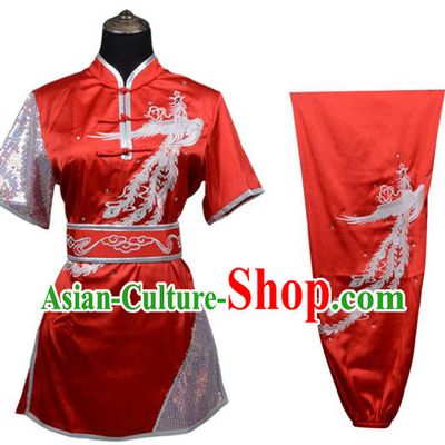 Top Kung Fu Costume Martial Arts Costume Kung Fu Training Plated Buttons Red Uniform, Gongfu Shaolin Wushu Embroidery Phoenix Tai Ji Clothing for Women for Men