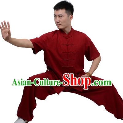 Top Kung Fu Linen Costume Martial Arts Costume Kung Fu Training Short Sleeve Red Uniform, Gongfu Shaolin Wushu Tai Ji Plated Buttons Clothing for Women for Men