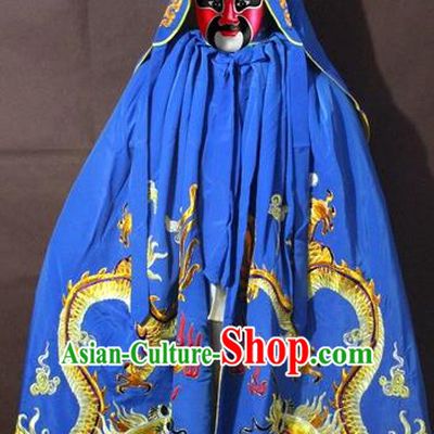 Traditional China Beijing Opera Costume Embroidery Dragon Cloak, Chinese Peking Opera General Blue Embroidered Cape