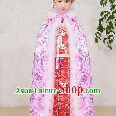 Traditional Ancient Chinese Qing Dynasty Manchu Princess Costume Embroidered Pink Cloak for Kids