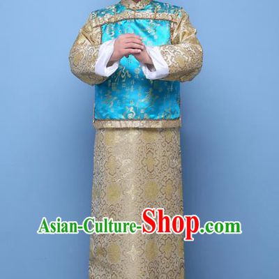 Traditional Ancient Chinese Qing Dynasty Prince Costume, China Manchu Nobility Childe Embroidered Blue Mandarin Jacket Clothing for Men