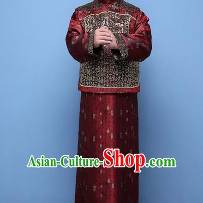 Traditional Ancient Chinese Qing Dynasty Prince Purplish Red Costume, China Manchu Nobility Childe Mandarin Jacket Clothing for Men