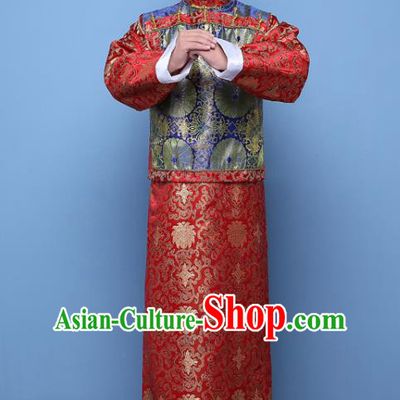 Traditional Ancient Chinese Qing Dynasty Prince Costume, China Manchu Nobility Childe Blue Mandarin Jacket Clothing for Men