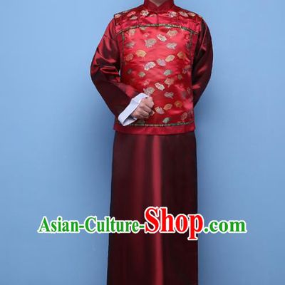 Traditional Ancient Chinese Qing Dynasty Prince Costume, China Manchu Nobility Childe Red Mandarin Jacket Clothing for Men