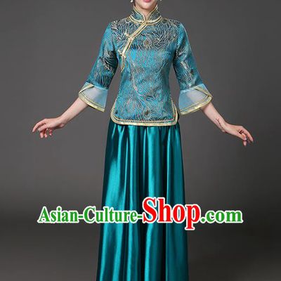 Traditional Chinese Republic of China Nobility Lady Clothing, China National Peacock Blue Cheongsam Blouse and Skirt for Women