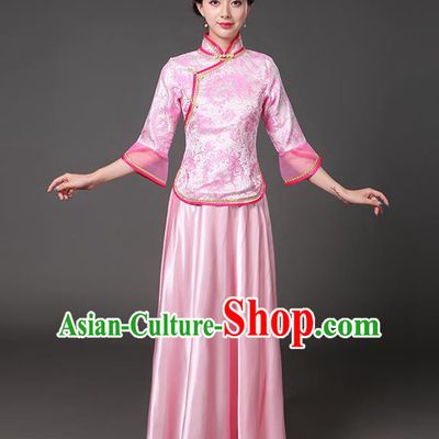 Traditional Chinese Republic of China Nobility Lady Clothing, China National Pink Cheongsam Blouse and Skirt for Women