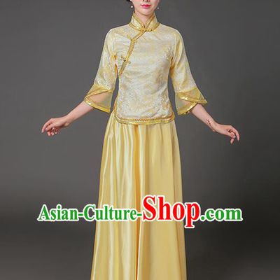 Traditional Chinese Republic of China Nobility Lady Clothing, China National Yellow Cheongsam Blouse and Skirt for Women