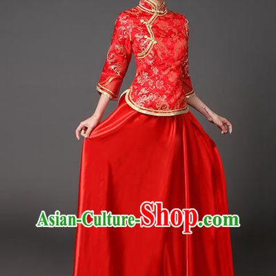 Traditional Chinese Republic of China Nobility Lady Clothing, China National Red Cheongsam Blouse and Skirt for Women