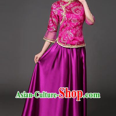 Traditional Chinese Republic of China Nobility Lady Clothing, China National Rosy Cheongsam Blouse and Skirt for Women