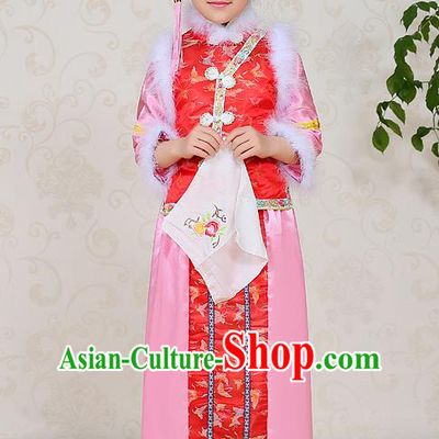 Traditional Ancient Chinese Qing Dynasty Manchu Lady Dress, Chinese Mandarin Princess Embroidered Clothing for Kids
