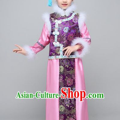 Traditional Ancient Chinese Qing Dynasty Manchu Lady Purple Costume, Chinese Mandarin Princess Embroidered Clothing for Kids