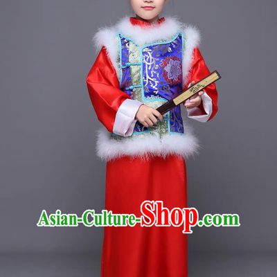 Traditional Ancient Chinese Qing Dynasty Manchu Prince Costume, Chinese Mandarin Nobility Childe Embroidered Clothing for Kids